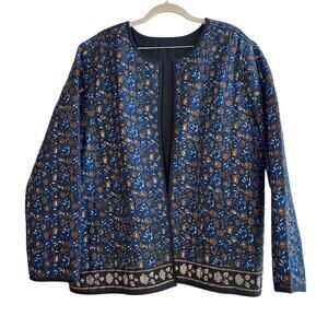 Handmade Quilted Navy Floral Open Jacket Granny Jacket